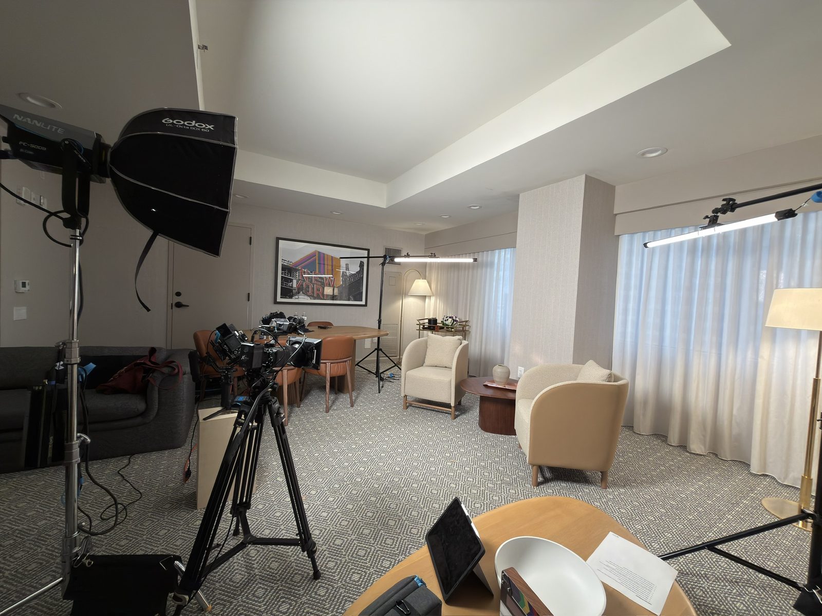 Lighting rig and seating area set up for an on-location interview