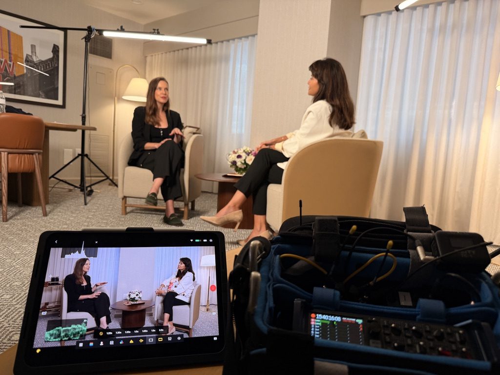 Director's monitor showing a live two-camera interview in progress