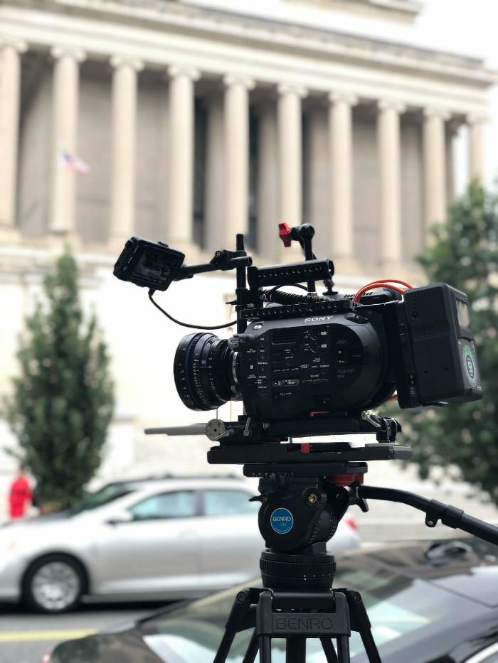 Camera on a tripod set up on location for a Gotham Media House shoot