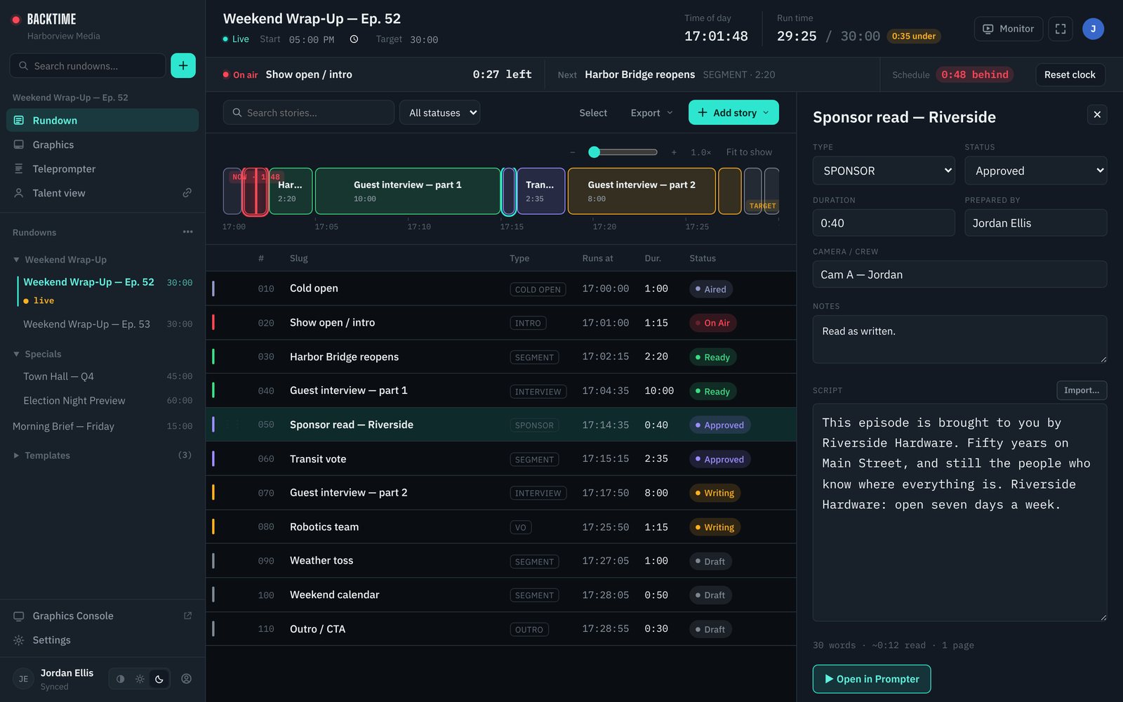Backtime rundown with a live show clock, a segment timeline, story statuses and a script panel