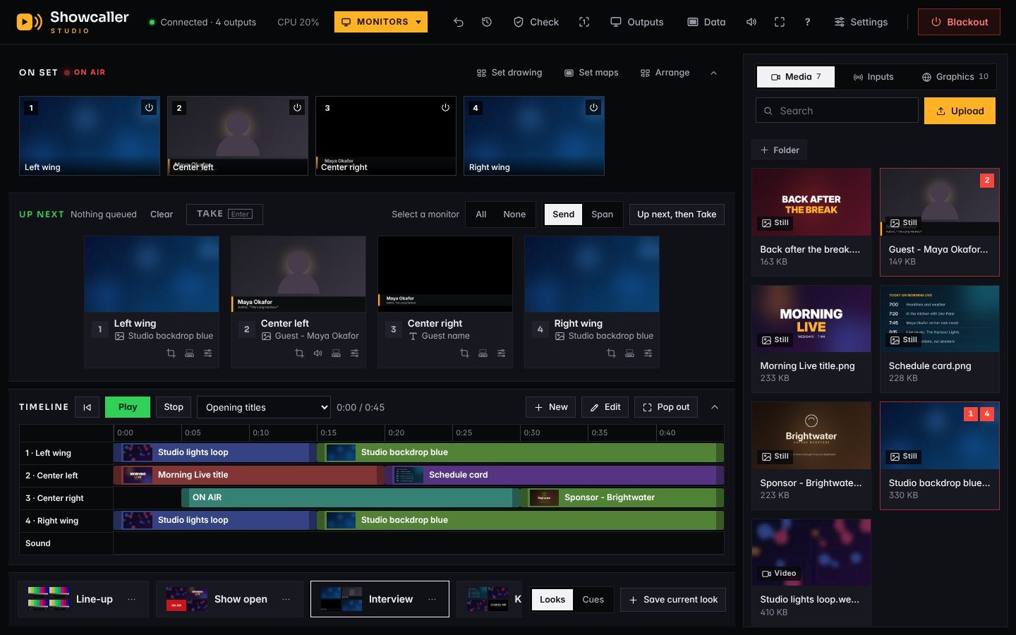 Showcaller Studio control page showing four on-set monitors, the up-next queue, a timeline and the media library